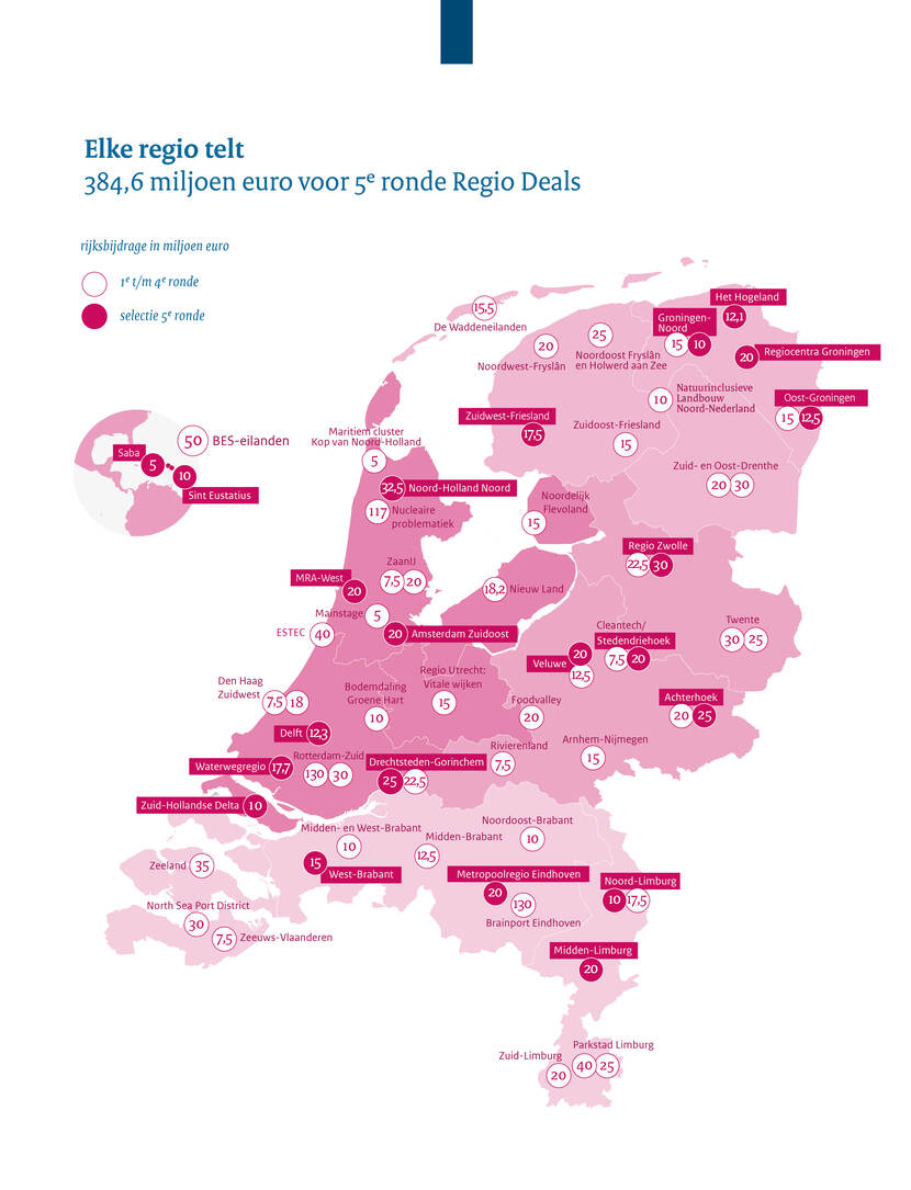 overzichtkaartje met alle Regio Deals en de selectie van de 5e ronde